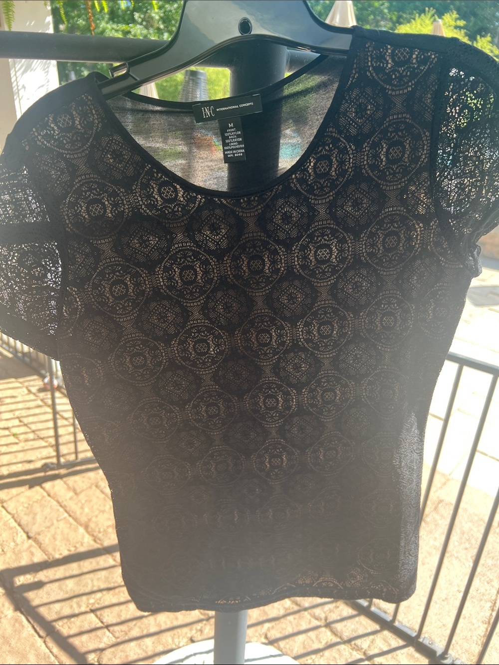 INC International Concepts Black Lace Short Sleeve Tee